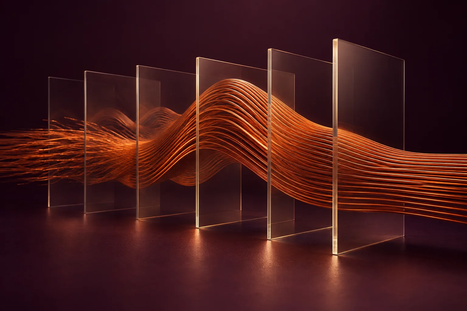 Filamentos de datos de color naranja que fluyen a través de planos de cristal transparente