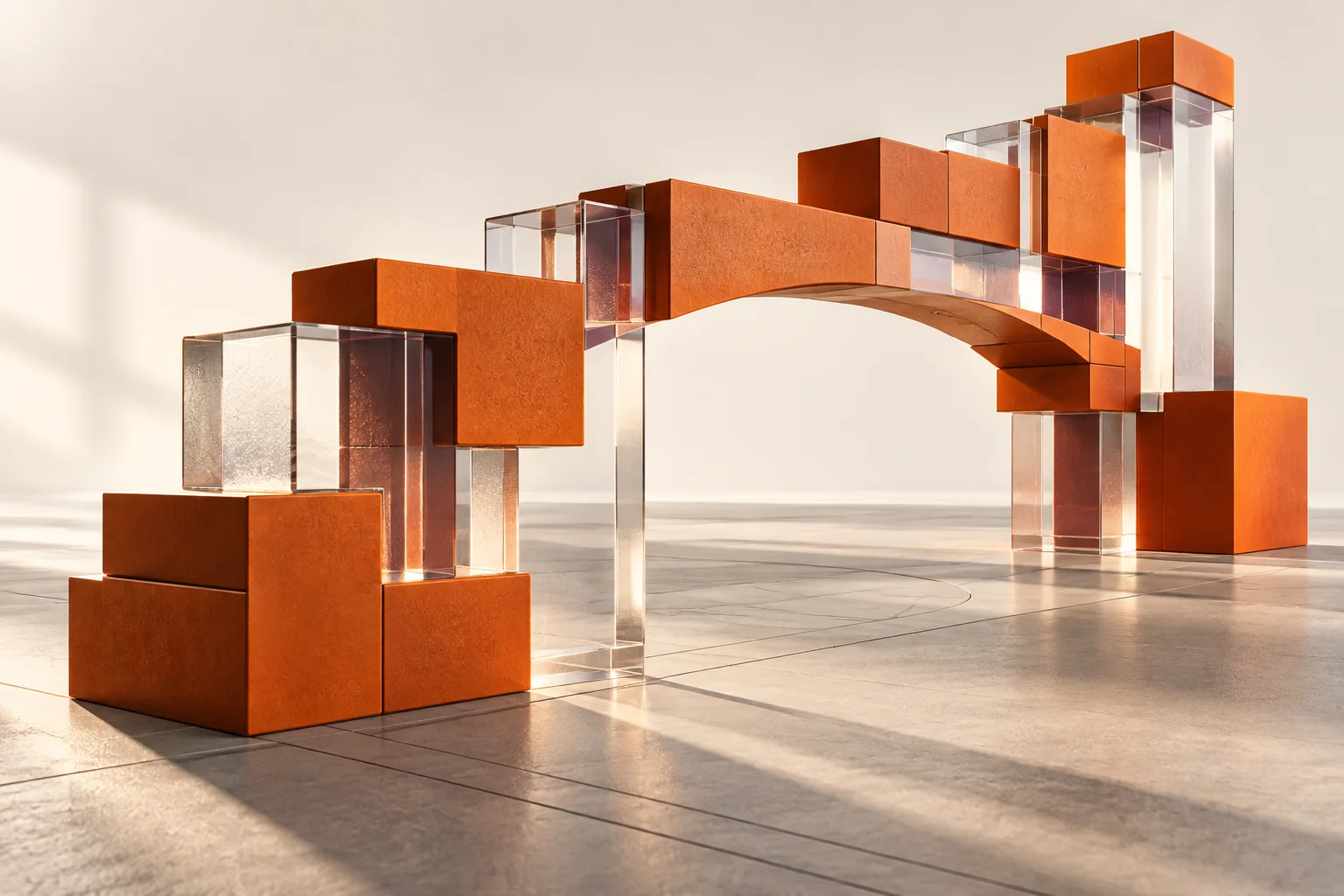 Estructura arquitectónica de precisión en naranja y cristal sobre un fondo marfil cálido