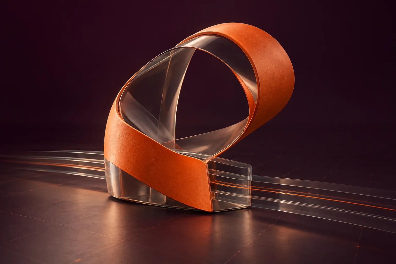Cinta escultórica de color naranja y capas de cristal en un estudio de color berenjena